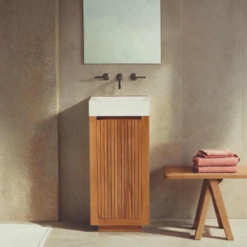 Handwaschbecken aus massivem Teakholz und Waschbecken aus weißem Terrazzo - Kali