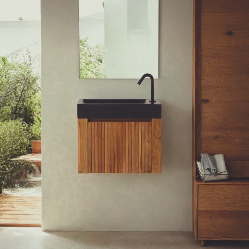 Hängendes Handwaschbecken aus massivem Teakholz und Waschbecken aus schwarzem Terrazzo - Nila