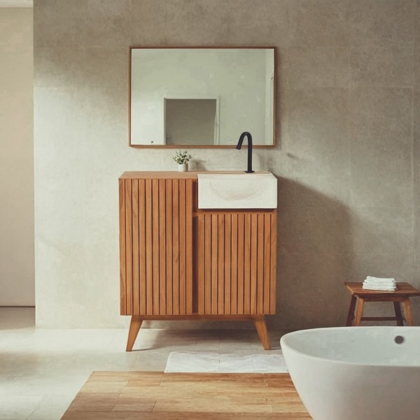 Handwaschbecken aus massivem Teakholz und Waschbecken aus weißem Terrazzo - Neela