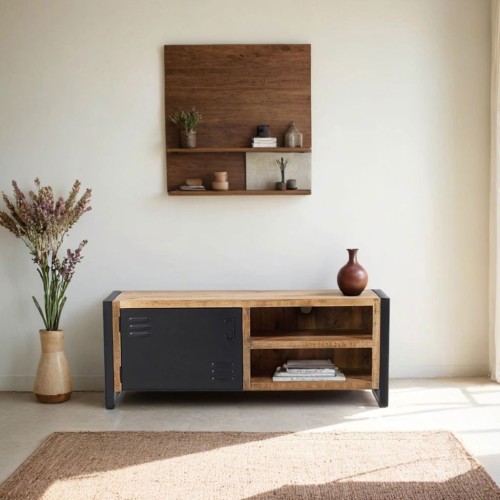 Industrial 130 cm Massivholzmöbel mit schwarzer Metalltür - Kansas