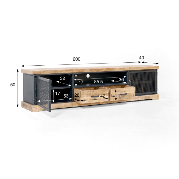TV-Möbel 200 cm aus Massivholz und Metall - Cambridge