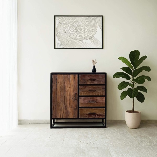 Kleines industrielles Sideboard aus recyceltem Holz, 1 Tür - Recycled