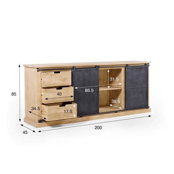 Industrial Sideboard aus Massivholz und Metall 200 cm – Detroit