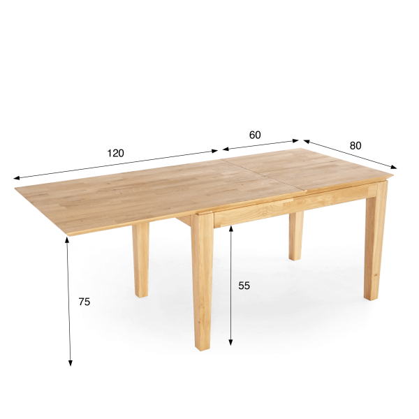 Rechteckiger Esstisch aus Eichenholz 120 x 80 cm mit Ausziehplatte von 60 cm