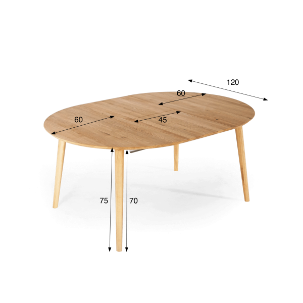 Runder Esstisch aus Eichenholz Ø120 cm mit Ausziehplatte von 45 cm
