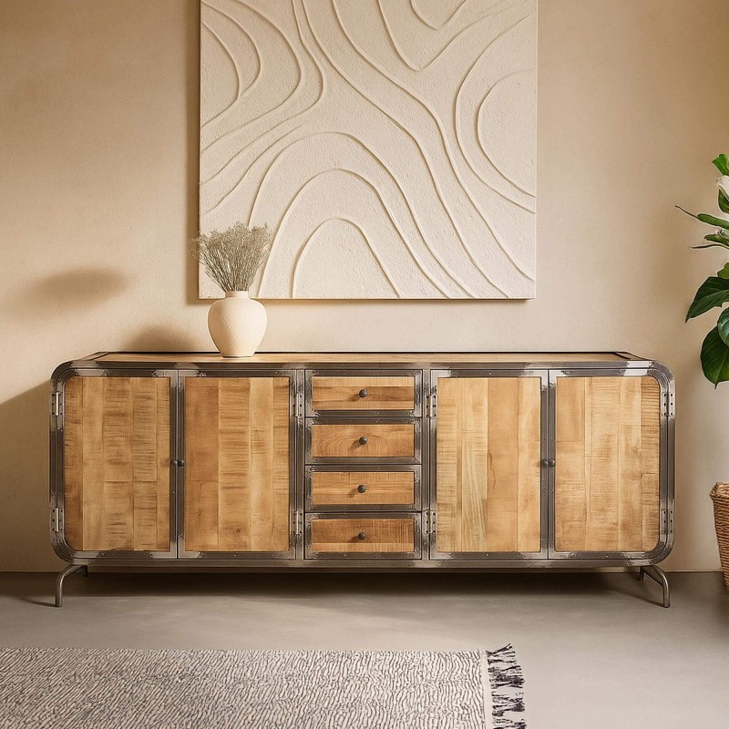 Industrielles Sideboard aus Massivholz und Metall mit 4 Türen - Manchester