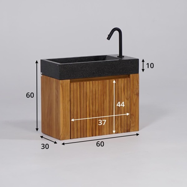 Hängendes Handwaschbecken aus massivem Teakholz und Waschbecken aus schwarzem Terrazzo - Nila