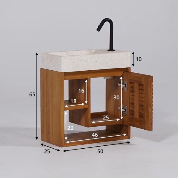 Hängendes Handwaschbecken aus massivem Teakholz und Waschbecken aus weißem Terrazzo - Balamani