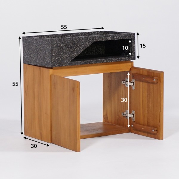 Hängendes Handwaschbecken aus massivem Teakholz und schwarzem Terrazzowaschbecken - Tanja