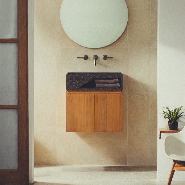 Hängendes Handwaschbecken aus massivem Teakholz und schwarzem Terrazzowaschbecken - Tanja