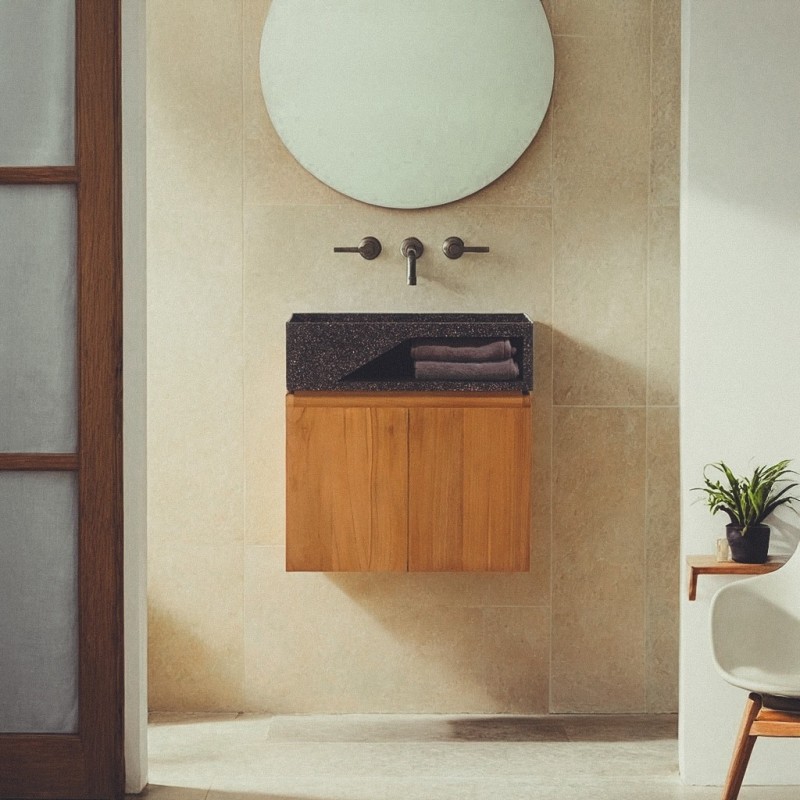 Hängendes Handwaschbecken aus massivem Teakholz und schwarzem Terrazzowaschbecken - Tanja