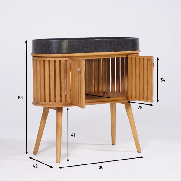 Badezimmermöbel 90 cm aus massivem Teakholz und Waschbecken aus schwarzem Terrazzo - Keya