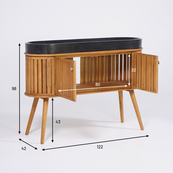 Badezimmermöbel 120 cm aus massivem Teakholz und Waschbecken aus schwarzem Terrazzo - Keya