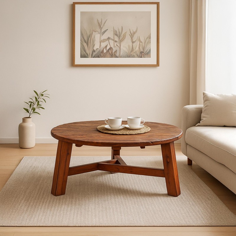 Runder Couchtisch aus altem recyceltem Holz – Reborn