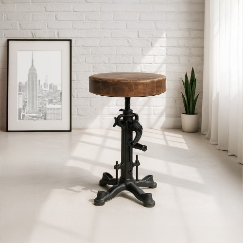 Erhöhbarer Industriehocker mit Kurbelantrieb und Sitzfläche aus Kunstleder