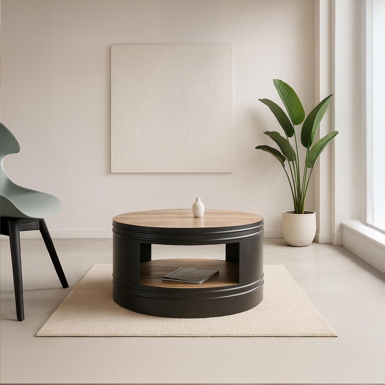 Runder industrieller Vintage-Couchtisch aus Massivholz und Metall – Bric-broc