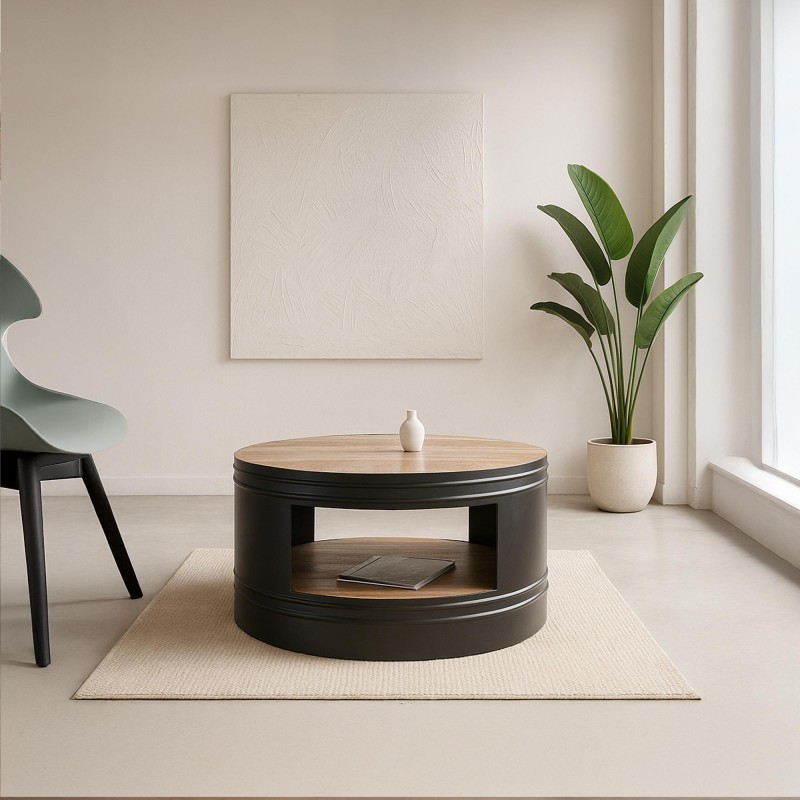 Runder industrieller Vintage-Couchtisch aus Massivholz und Metall – Bric-broc