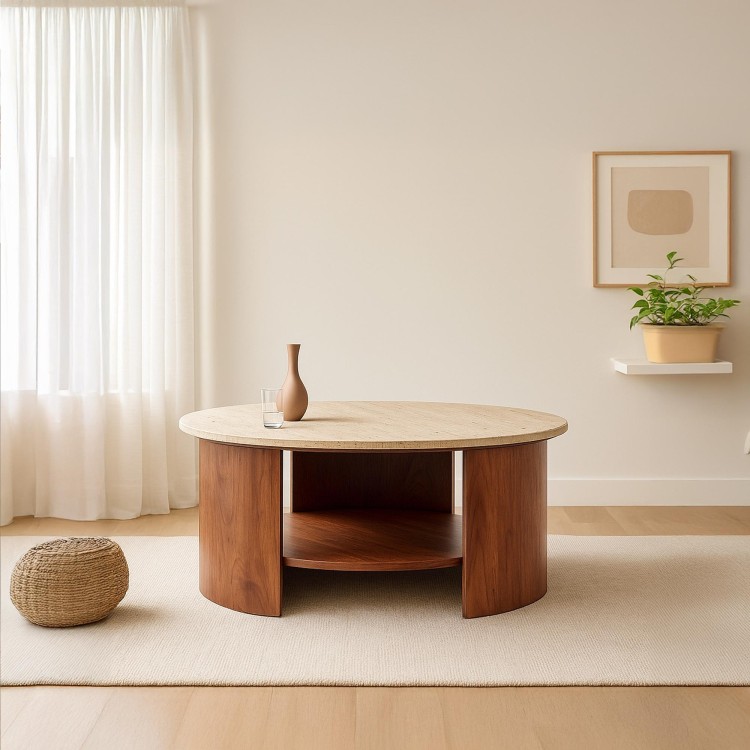 Design-Couchtisch aus Massivholz mit einer Travertin-Marmorplatte