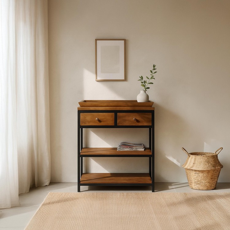 Konsole aus naturbelassenem Holz mit Metallbeinen – Modula