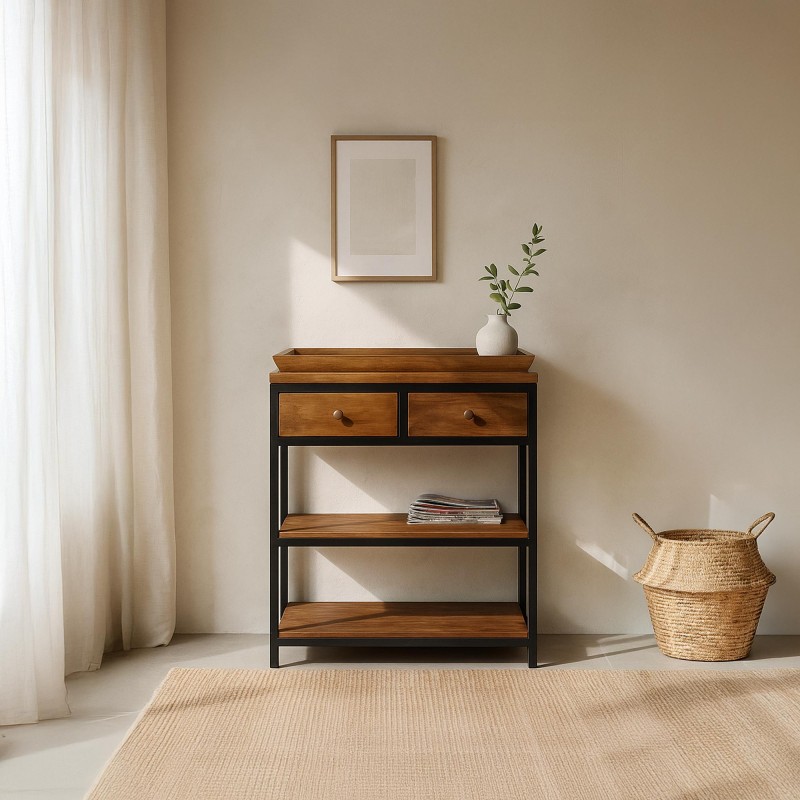 Konsole aus naturbelassenem Holz mit Metallbeinen – Modula