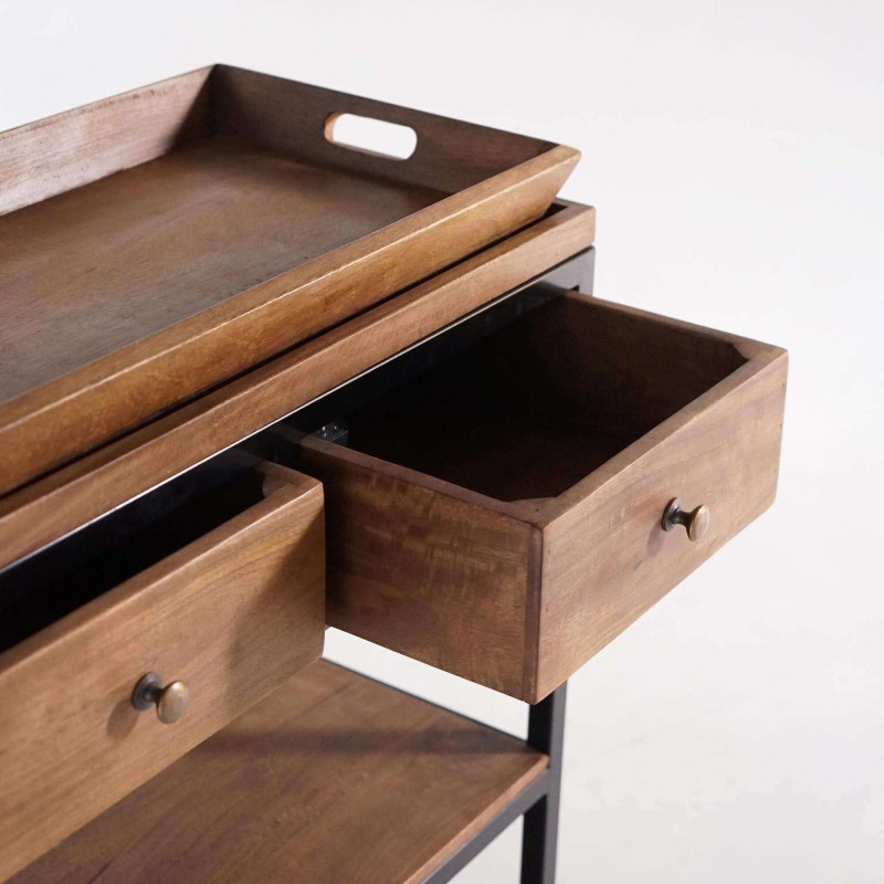 Konsole aus naturbelassenem Holz mit Metallbeinen – Modula