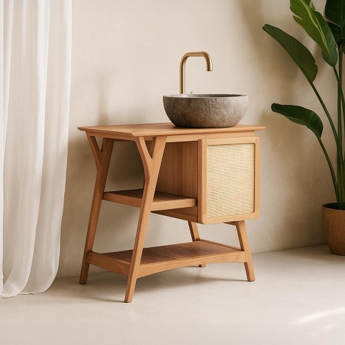 Badezimmermöbel aus massivem Teakholz mit Einzelwaschbecken 80 cm – Kalindi