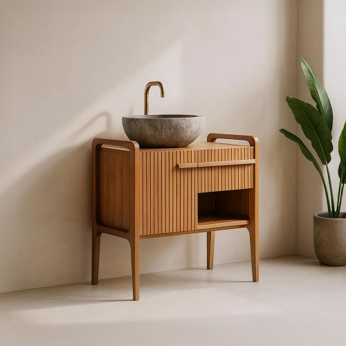 Badezimmermöbel aus massivem Teakholz mit Einzelwaschbecken 80 cm – Devika