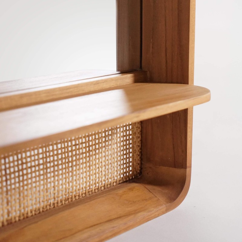 Rechteckiger Spiegel aus Teakholz und Geflecht (Rattan)