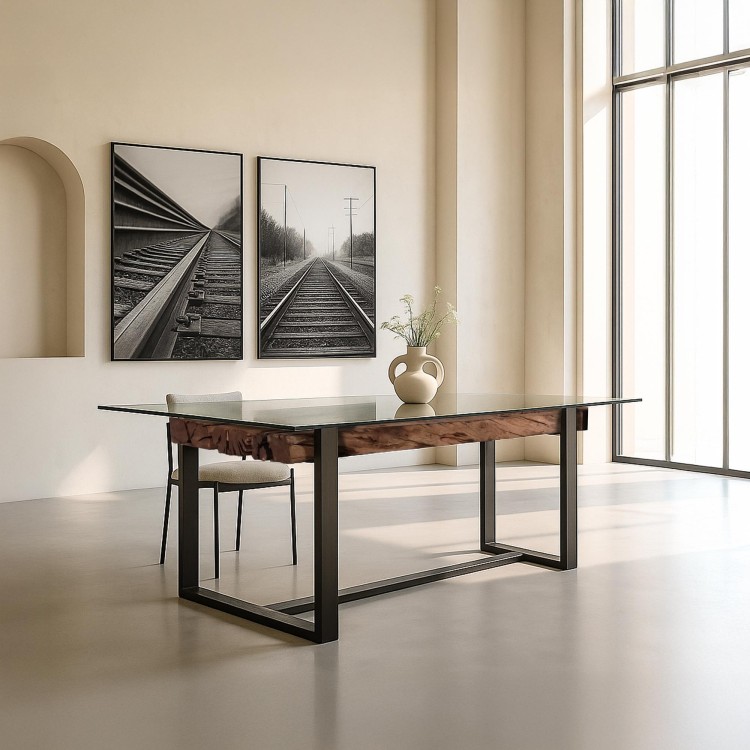 Rechteckiger Esstisch aus Glas mit Eisenbahnschwellen – Railwood
