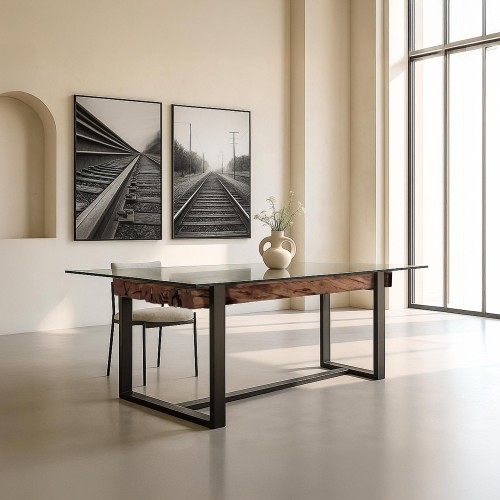 Rechteckiger Esstisch aus Glas mit Eisenbahnschwellen – Railwood
