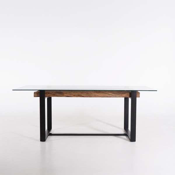 Rechteckiger Esstisch aus Glas mit Eisenbahnschwellen – Railwood