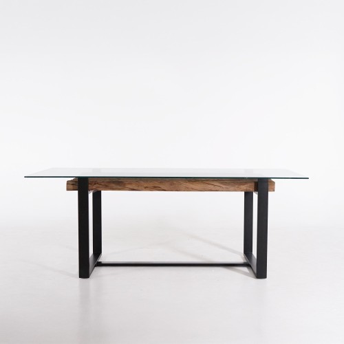 Rechteckiger Esstisch aus Glas mit Eisenbahnschwellen – Railwood