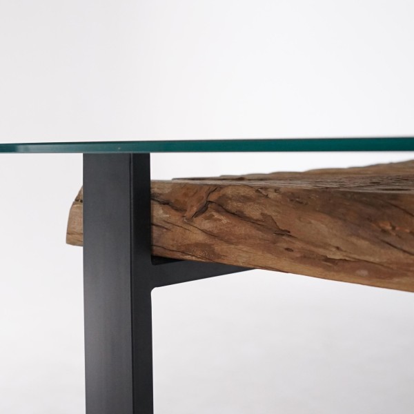 Rechteckiger Esstisch aus Glas mit Eisenbahnschwellen – Railwood