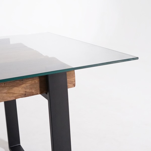 Rechteckiger Esstisch aus Glas mit Eisenbahnschwellen – Railwood