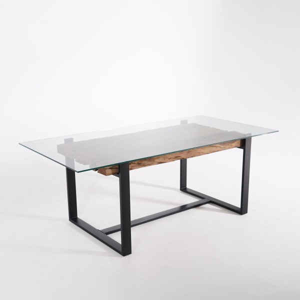 Rechteckiger Esstisch aus Glas mit Eisenbahnschwellen – Railwood