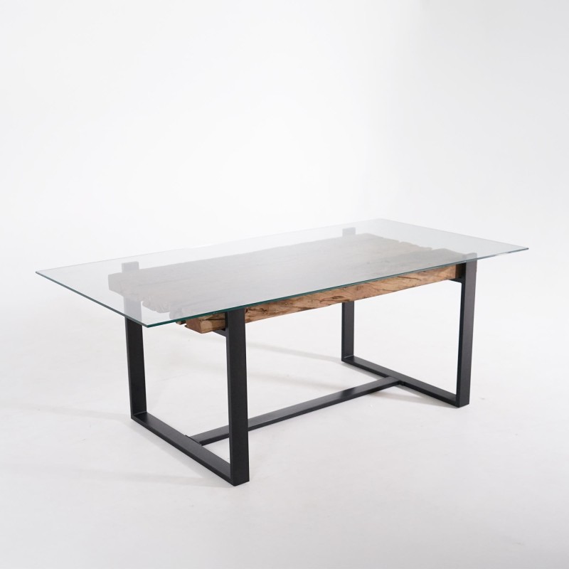 Rechteckiger Esstisch aus Glas mit Eisenbahnschwellen – Railwood