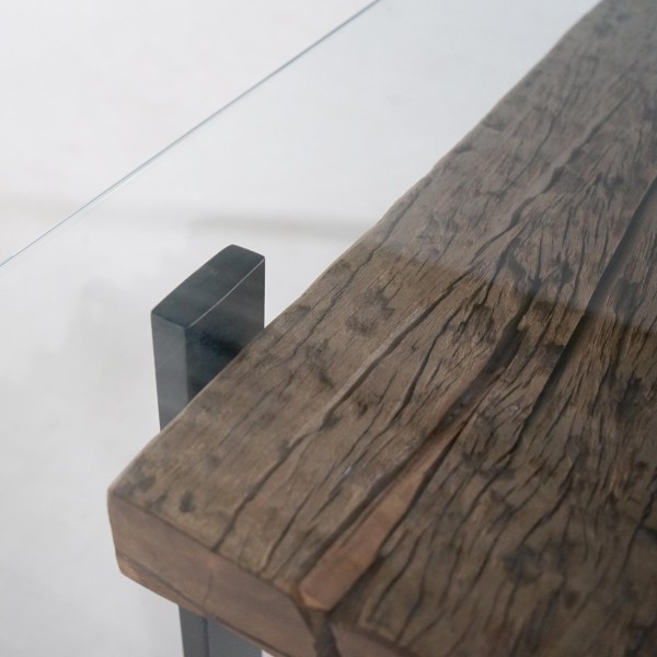 Rechteckiger Esstisch aus Glas mit Eisenbahnschwellen – Railwood