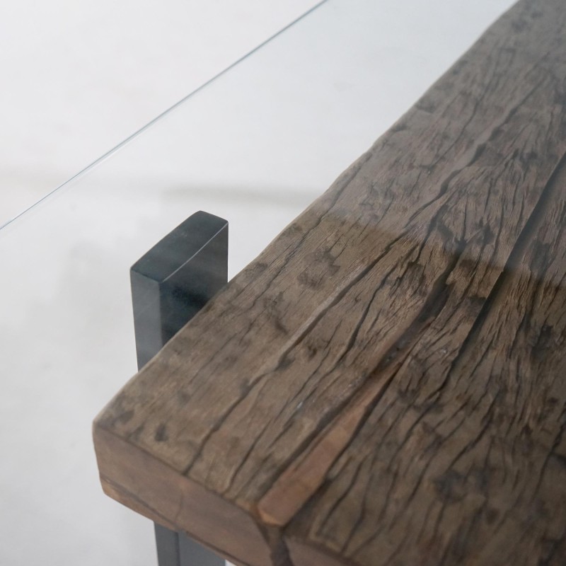 Rechteckiger Esstisch aus Glas mit Eisenbahnschwellen – Railwood