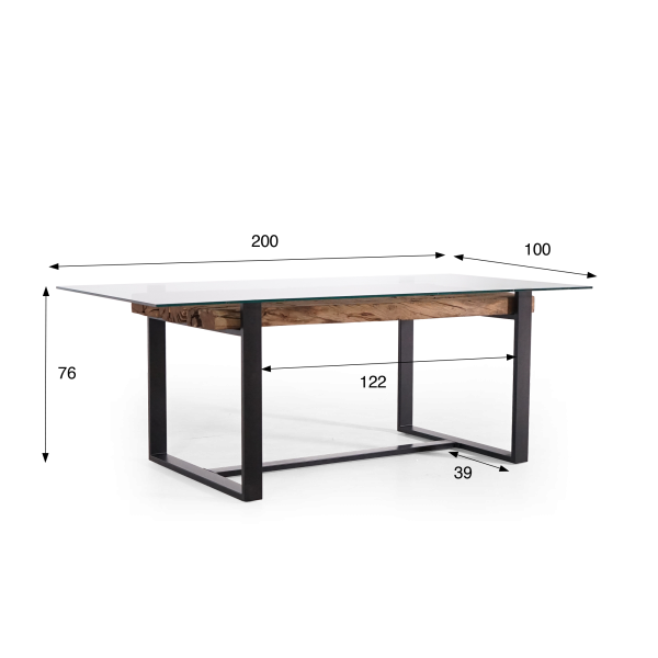 Rechteckiger Esstisch aus Glas mit Eisenbahnschwellen – Railwood