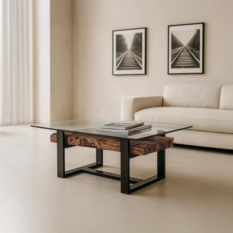 Couchtisch aus Glas mit Eisenbahnschwellen – Railwood
