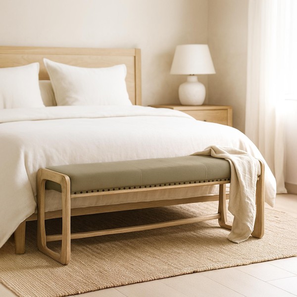 Bank aus Massivholz mit khakifarbenem Stoff – Soline