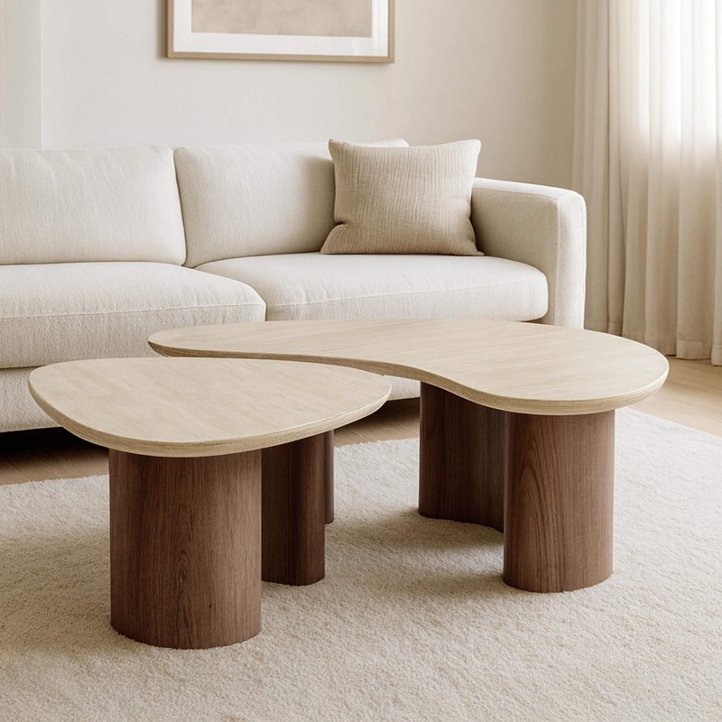 Design-Couchtisch aus Holz mit Keramikplatte in Travertin-Marmoroptik – Tavola