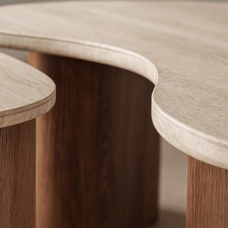 Design-Couchtisch aus Holz mit Keramikplatte in Travertin-Marmoroptik – Tavola