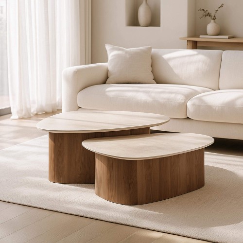 Set van 2 dreieckigen Couchtischen aus Travertin-Keramik – Tavola