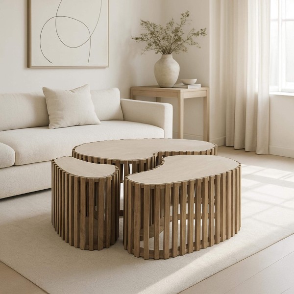 Halbrunder Couchtisch aus massivem Mangoholz (3er-Set) – Nuovo