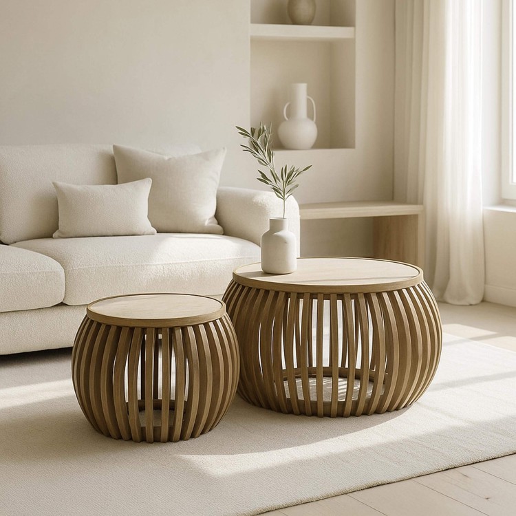 2-teiliges Set runder Couchtische aus Mangoholz met Keramikplatte – Nuovo