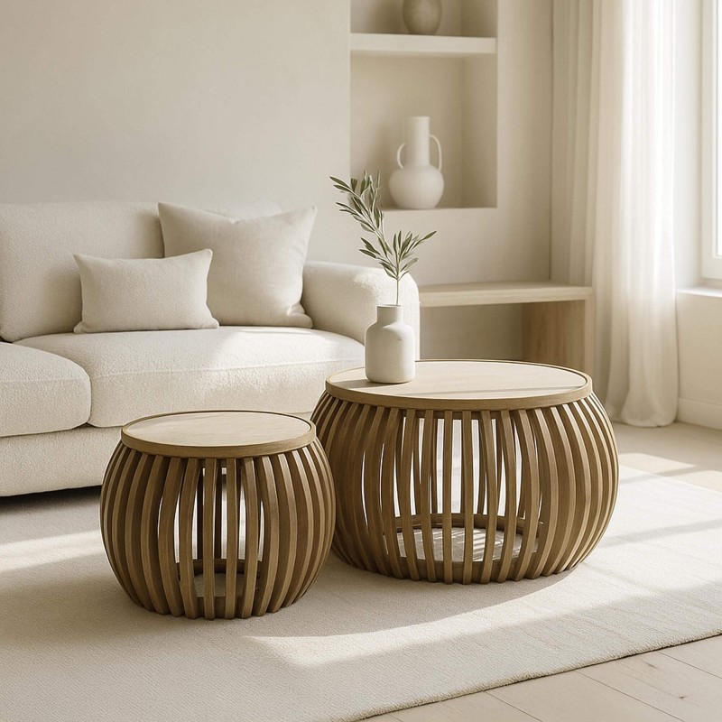 2-teiliges Set runder Couchtische aus Mangoholz met Keramikplatte – Nuovo