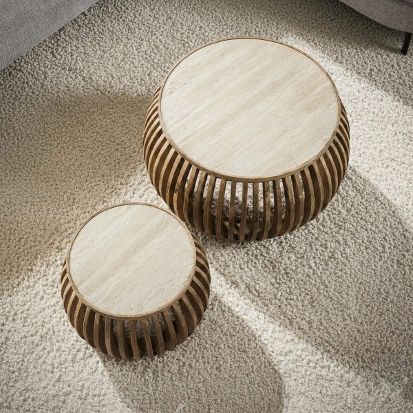 2-teiliges Set runder Couchtische aus Mangoholz met Keramikplatte – Nuovo