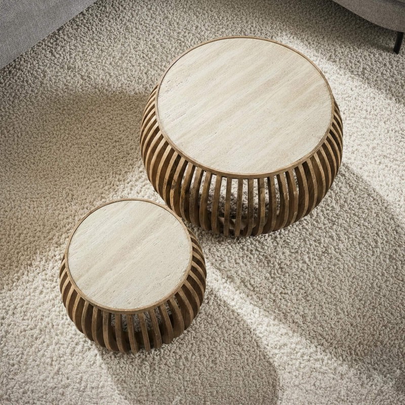 2-teiliges Set runder Couchtische aus Mangoholz met Keramikplatte – Nuovo