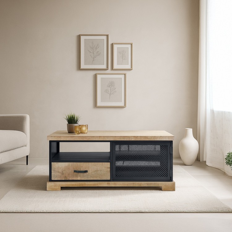 Wohnzimmertisch im Industriestil aus Massivholz und Metall – Cambridge